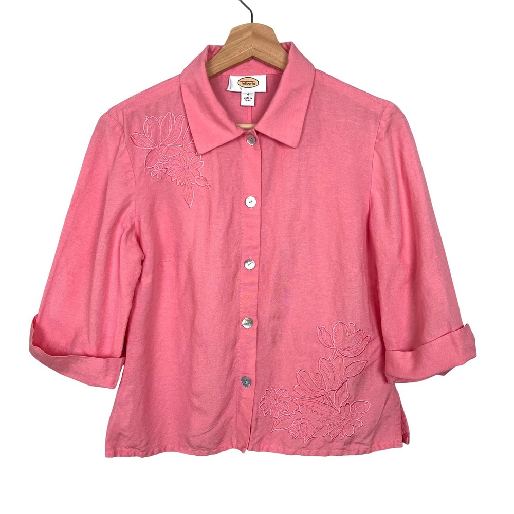 Talbots Pink Linen Blend Embroidered Floral Button Front Shirt/Topper Size 4